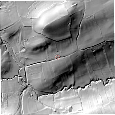 Shaded relief map of the ground around BS408BN, computed from Environment Agency LiDAR. The ground here sits at about 101 m above sea level and falls 58 m across the surrounding 800 m. Surface water reaching this point runs off ground lying to the north-north-west, 30.1 m higher.