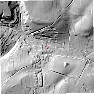 Shaded relief map of the ground around BS408EE, computed from Environment Agency LiDAR. The ground here sits at about 95 m above sea level and falls 50 m across the surrounding 800 m. Surface water reaching this point runs off ground lying to the north-west, 41.8 m higher.