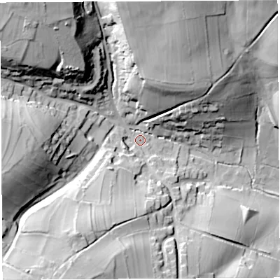 Shaded relief map of the ground around BS408EG, computed from Environment Agency LiDAR. The ground here sits at about 98 m above sea level and falls 51 m across the surrounding 800 m. Surface water reaching this point runs off ground lying to the north-west, 43.3 m higher.