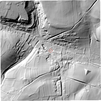 Shaded relief map of the ground around BS408EH, computed from Environment Agency LiDAR. The ground here sits at about 98 m above sea level and falls 49 m across the surrounding 800 m. Surface water reaching this point runs off ground lying to the south-south-west, 34.7 m higher.