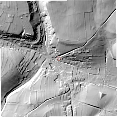 Shaded relief map of the ground around BS408EN, computed from Environment Agency LiDAR. The ground here sits at about 98 m above sea level and falls 52 m across the surrounding 800 m. Surface water reaching this point runs off ground lying to the north-west, 44.0 m higher.