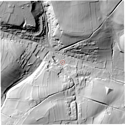 Shaded relief map of the ground around BS408EQ, computed from Environment Agency LiDAR. The ground here sits at about 98 m above sea level and falls 49 m across the surrounding 800 m. Surface water reaching this point runs off ground lying to the south-south-west, 34.6 m higher.