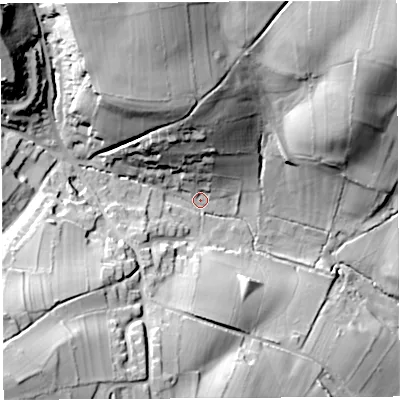 Shaded relief map of the ground around BS408ET, computed from Environment Agency LiDAR. The ground here sits at about 93 m above sea level and falls 49 m across the surrounding 800 m. Surface water reaching this point runs off ground lying to the north-west, 40.2 m higher.