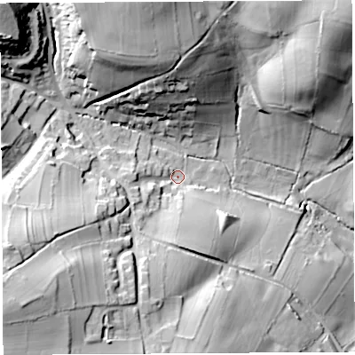 Shaded relief map of the ground around BS408EU, computed from Environment Agency LiDAR. The ground here sits at about 93 m above sea level and falls 48 m across the surrounding 800 m. Surface water reaching this point runs off ground lying to the south-south-west, 21.2 m higher.