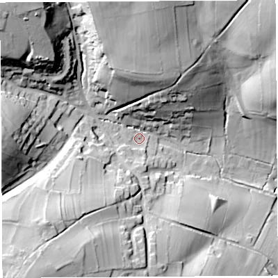 Shaded relief map of the ground around BS408EW, computed from Environment Agency LiDAR. The ground here sits at about 96 m above sea level and falls 52 m across the surrounding 800 m. Surface water reaching this point runs off ground lying to the north-west, 43.6 m higher.