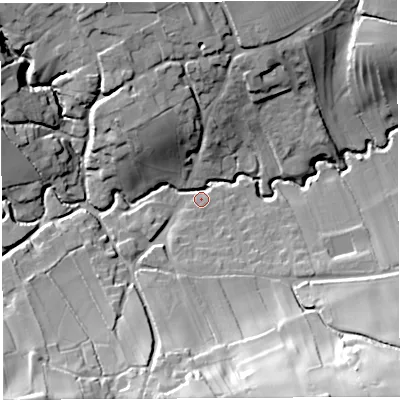 Shaded relief map of the ground around BS408FG, computed from Environment Agency LiDAR. The ground here sits at about 51 m above sea level and falls 43 m across the surrounding 800 m. Surface water reaching this point runs off ground lying to the south-south-east, 37.1 m higher.