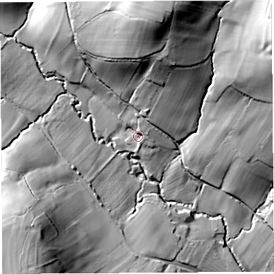 Shaded relief map of the ground around BS408HH, computed from Environment Agency LiDAR. The ground here sits at about 71 m above sea level and falls 48 m across the surrounding 800 m. Surface water reaching this point runs off ground lying to the north-east, 6.4 m higher.
