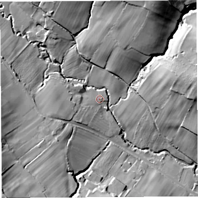 Shaded relief map of the ground around BS408HJ, computed from Environment Agency LiDAR. The ground here sits at about 65 m above sea level and falls 51 m across the surrounding 800 m. Surface water reaching this point runs off ground lying to the west, 0.9 m higher.