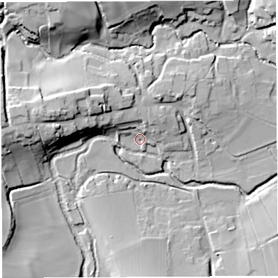 Shaded relief map of the ground around BS408PN, computed from Environment Agency LiDAR. The ground here sits at about 42 m above sea level and falls 23 m across the surrounding 800 m. Surface water reaching this point runs off ground lying to the north-west, 15.5 m higher.