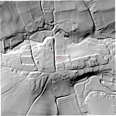Shaded relief map of the ground around BS408PS, computed from Environment Agency LiDAR. The ground here sits at about 57 m above sea level and falls 39 m across the surrounding 800 m. Surface water reaching this point runs off ground lying to the south-west, 17.6 m higher.
