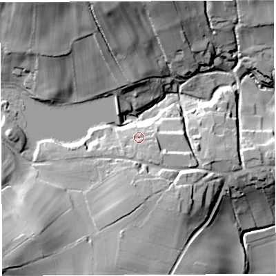Shaded relief map of the ground around BS408QG, computed from Environment Agency LiDAR. The ground here sits at about 61 m above sea level and falls 38 m across the surrounding 800 m. Surface water reaching this point runs off ground lying to the south, 11.5 m higher.