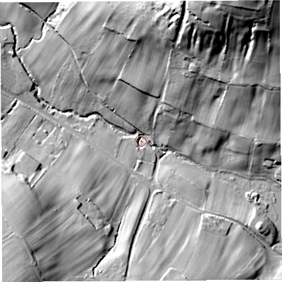 Shaded relief map of the ground around BS408QL, computed from Environment Agency LiDAR. The ground here sits at about 56 m above sea level and falls 61 m across the surrounding 800 m. Surface water reaching this point runs off ground lying to the north-north-east, 45.4 m higher.