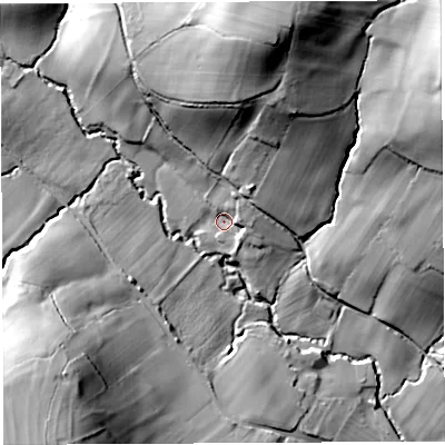 Shaded relief map of the ground around BS408QN, computed from Environment Agency LiDAR. The ground here sits at about 69 m above sea level and falls 48 m across the surrounding 800 m. Surface water reaching this point runs off ground lying to the north-north-east, 8.0 m higher.