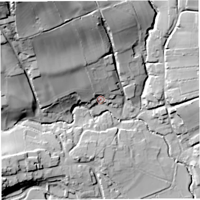 Shaded relief map of the ground around BS408QZ, computed from Environment Agency LiDAR. The ground here sits at about 46 m above sea level and falls 61 m across the surrounding 800 m. Surface water reaching this point runs off ground lying to the north-west, 20.7 m higher.