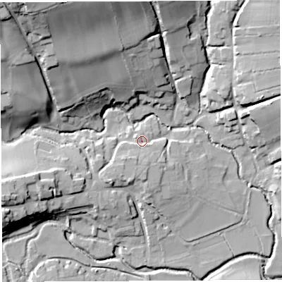 Shaded relief map of the ground around BS408RE, computed from Environment Agency LiDAR. The ground here sits at about 45 m above sea level and falls 44 m across the surrounding 800 m. Surface water reaching this point runs off ground lying to the south-south-west, 4.9 m higher.