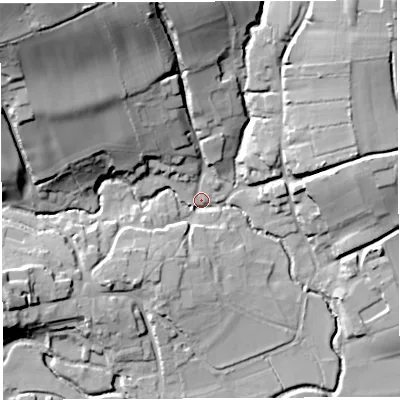 Shaded relief map of the ground around BS408RJ, computed from Environment Agency LiDAR. The ground here sits at about 41 m above sea level and falls 48 m across the surrounding 800 m. Surface water reaching this point runs off ground lying to the north-west, 46.2 m higher.