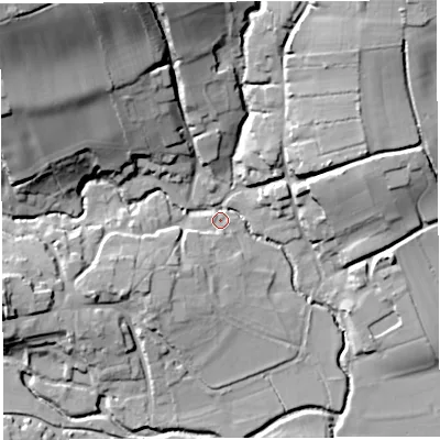 Shaded relief map of the ground around BS408RL, computed from Environment Agency LiDAR. The ground here sits at about 42 m above sea level and falls 43 m across the surrounding 800 m. Surface water reaching this point runs off ground lying to the north-west, 41.3 m higher.