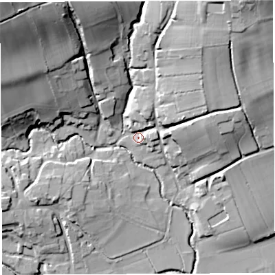Shaded relief map of the ground around BS408RN, computed from Environment Agency LiDAR. The ground here sits at about 43 m above sea level and falls 44 m across the surrounding 800 m. Surface water reaching this point runs off ground lying to the north-east, 35.2 m higher.