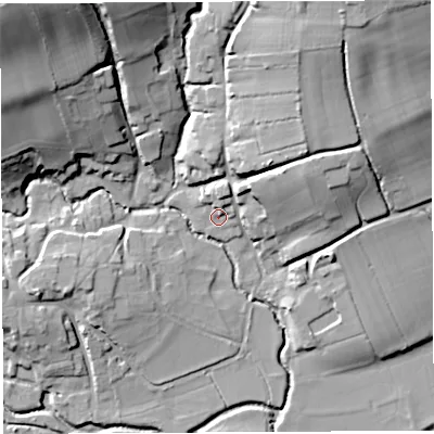 Shaded relief map of the ground around BS408RP, computed from Environment Agency LiDAR. The ground here sits at about 43 m above sea level and falls 39 m across the surrounding 800 m. Surface water reaching this point runs off ground lying to the north-east, 8.0 m higher.