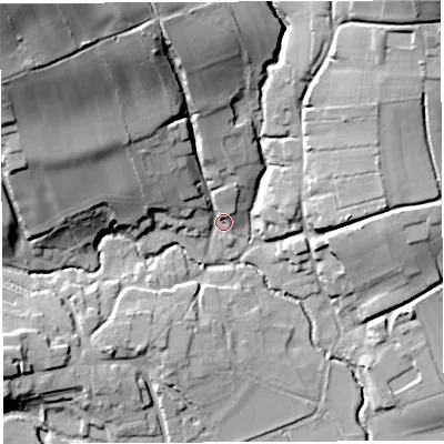 Shaded relief map of the ground around BS408RQ, computed from Environment Agency LiDAR. The ground here sits at about 43 m above sea level and falls 54 m across the surrounding 800 m. Surface water reaching this point runs off ground lying to the north-west, 49.0 m higher.