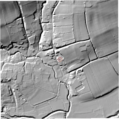 Shaded relief map of the ground around BS408RR, computed from Environment Agency LiDAR. The ground here sits at about 47 m above sea level and falls 36 m across the surrounding 800 m. Surface water reaching this point runs off ground lying to the north-east, 12.9 m higher.
