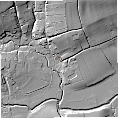 Shaded relief map of the ground around BS408RS, computed from Environment Agency LiDAR. The ground here sits at about 42 m above sea level and falls 30 m across the surrounding 800 m. Surface water reaching this point runs off ground lying to the north-north-east, 19.0 m higher.