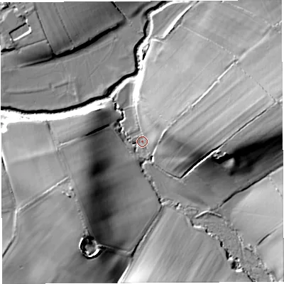 Shaded relief map of the ground around BS408RT, computed from Environment Agency LiDAR. The ground here sits at about 41 m above sea level and falls 24 m across the surrounding 800 m. Surface water reaching this point runs off ground lying to the south-south-west, 22.4 m higher.