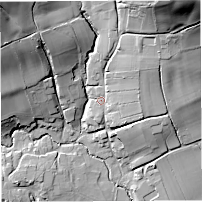 Shaded relief map of the ground around BS408RW, computed from Environment Agency LiDAR. The ground here sits at about 51 m above sea level and falls 68 m across the surrounding 800 m. Surface water reaching this point runs off ground lying to the north-east, 17.0 m higher.
