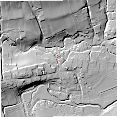 Shaded relief map of the ground around BS408RY, computed from Environment Agency LiDAR. The ground here sits at about 47 m above sea level and falls 41 m across the surrounding 800 m. Surface water reaching this point runs off ground lying to the west-south-west, 10.5 m higher.