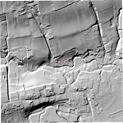 Shaded relief map of the ground around BS408RZ, computed from Environment Agency LiDAR. The ground here sits at about 45 m above sea level and falls 53 m across the surrounding 800 m. Surface water reaching this point runs off ground lying to the north-north-west, 23.8 m higher.