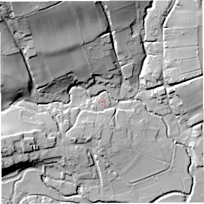 Shaded relief map of the ground around BS408SD, computed from Environment Agency LiDAR. The ground here sits at about 43 m above sea level and falls 48 m across the surrounding 800 m. Surface water reaching this point runs off ground lying to the south-west, 2.6 m higher.