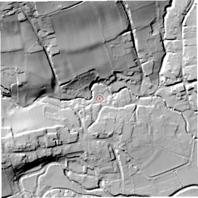 Shaded relief map of the ground around BS408SE, computed from Environment Agency LiDAR. The ground here sits at about 43 m above sea level and falls 49 m across the surrounding 800 m. Surface water reaching this point runs off ground lying to the south, 7.7 m higher.