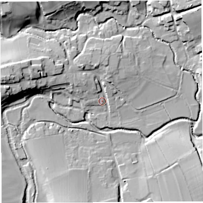 Shaded relief map of the ground around BS408SP, computed from Environment Agency LiDAR. The ground here sits at about 43 m above sea level and falls 23 m across the surrounding 800 m. Surface water reaching this point runs off ground lying to the west-north-west, 10.3 m higher.
