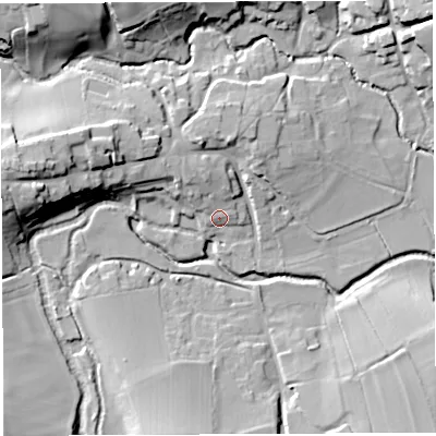 Shaded relief map of the ground around BS408SQ, computed from Environment Agency LiDAR. The ground here sits at about 44 m above sea level and falls 23 m across the surrounding 800 m. Surface water reaching this point runs off ground lying to the north-west, 5.1 m higher.