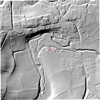 Shaded relief map of the ground around BS408SS, computed from Environment Agency LiDAR. The ground here sits at about 43 m above sea level and falls 31 m across the surrounding 800 m. Surface water reaching this point runs off ground lying to the south-south-east, 15.3 m higher.