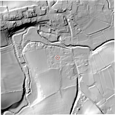Shaded relief map of the ground around BS408SU, computed from Environment Agency LiDAR. The ground here sits at about 42 m above sea level and falls 25 m across the surrounding 800 m. Surface water reaching this point runs off ground lying to the south, 14.7 m higher.