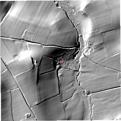 Shaded relief map of the ground around BS408TL, computed from Environment Agency LiDAR. The ground here sits at about 50 m above sea level and falls 35 m across the surrounding 800 m. Surface water reaching this point runs off ground lying to the west-north-west, 14.7 m higher.