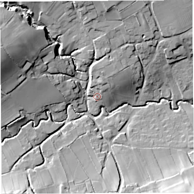 Shaded relief map of the ground around BS408TP, computed from Environment Agency LiDAR. The ground here sits at about 55 m above sea level and falls 35 m across the surrounding 800 m. Surface water reaching this point runs off ground lying to the north-north-east, 11.5 m higher.