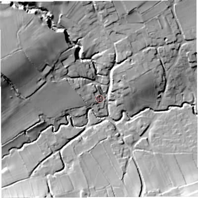 Shaded relief map of the ground around BS408TT, computed from Environment Agency LiDAR. The ground here sits at about 54 m above sea level and falls 36 m across the surrounding 800 m. Surface water reaching this point runs off ground lying to the west-north-west, 7.6 m higher.