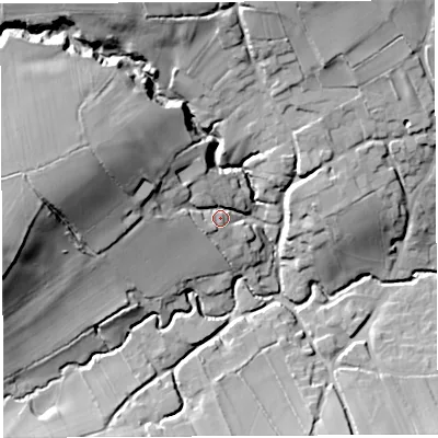 Shaded relief map of the ground around BS408TU, computed from Environment Agency LiDAR. The ground here sits at about 59 m above sea level and falls 36 m across the surrounding 800 m. Surface water reaching this point runs off ground lying to the west-north-west, 25.4 m higher.