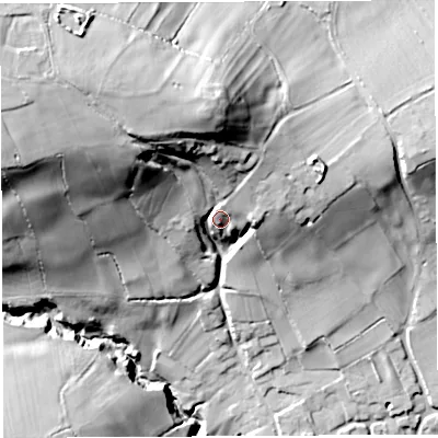 Shaded relief map of the ground around BS408UN, computed from Environment Agency LiDAR. The ground here sits at about 84 m above sea level and falls 60 m across the surrounding 800 m. Surface water reaching this point runs off ground lying to the north-west, 32.8 m higher.