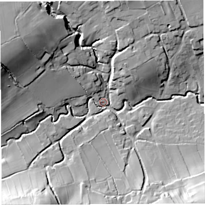 Shaded relief map of the ground around BS408UU, computed from Environment Agency LiDAR. The ground here sits at about 52 m above sea level and falls 40 m across the surrounding 800 m. Surface water reaching this point runs off ground lying to the south-west, 36.8 m higher.