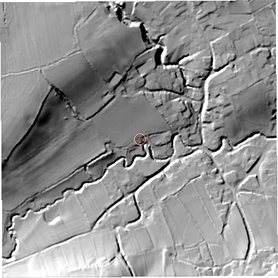 Shaded relief map of the ground around BS408UX, computed from Environment Agency LiDAR. The ground here sits at about 57 m above sea level and falls 37 m across the surrounding 800 m. Surface water reaching this point runs off ground lying to the north-west, 30.4 m higher.