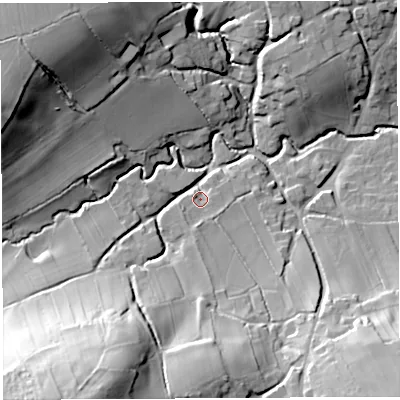 Shaded relief map of the ground around BS408UY, computed from Environment Agency LiDAR. The ground here sits at about 56 m above sea level and falls 54 m across the surrounding 800 m. Surface water reaching this point runs off ground lying to the south, 6.1 m higher.