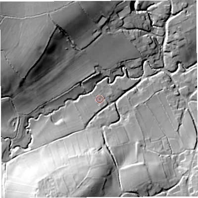 Shaded relief map of the ground around BS408UZ, computed from Environment Agency LiDAR. The ground here sits at about 58 m above sea level and falls 54 m across the surrounding 800 m. Surface water reaching this point runs off ground lying to the south-south-west, 47.1 m higher.