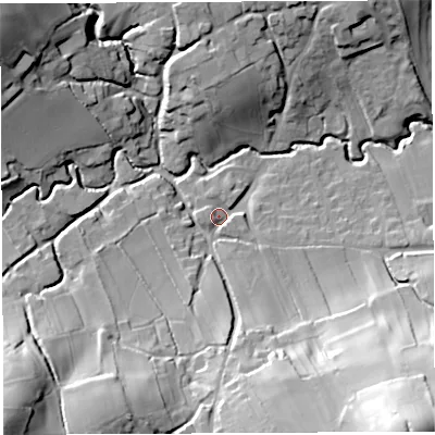 Shaded relief map of the ground around BS408XE, computed from Environment Agency LiDAR. The ground here sits at about 54 m above sea level and falls 58 m across the surrounding 800 m. Surface water reaching this point runs off ground lying to the south-south-east, 32.0 m higher.