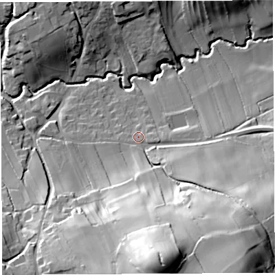 Shaded relief map of the ground around BS408XN, computed from Environment Agency LiDAR. The ground here sits at about 55 m above sea level and falls 60 m across the surrounding 800 m. Surface water reaching this point runs off ground lying to the south, 50.5 m higher.