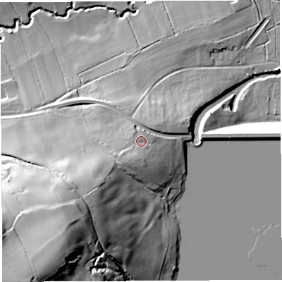 Shaded relief map of the ground around BS408XS, computed from Environment Agency LiDAR. The ground here sits at about 64 m above sea level and falls 57 m across the surrounding 800 m. Surface water reaching this point runs off ground lying to the south-south-west, 5.0 m higher.