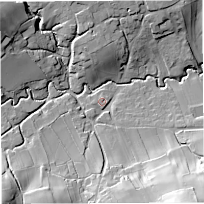Shaded relief map of the ground around BS408XT, computed from Environment Agency LiDAR. The ground here sits at about 53 m above sea level and falls 50 m across the surrounding 800 m. Surface water reaching this point runs off ground lying to the south-south-east, 30.0 m higher.