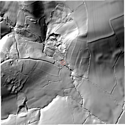 Shaded relief map of the ground around BS418NN, computed from Environment Agency LiDAR. The ground here sits at about 80 m above sea level and falls 75 m across the surrounding 800 m. Surface water reaching this point runs off ground lying to the north-north-east, 62.4 m higher.